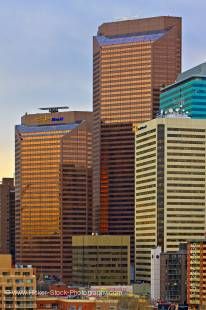 Stock photo of four of Calgary's high rise commercial buildings with smaller buildings lining the foreground against an almost overcast sky in the City of Calgary, Alberta, Canada. 