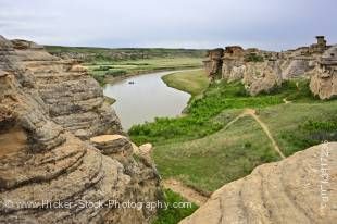 Stock photo of a raft on Milk River seen from the Hoodoos along the Hoodoos Interpretive Trail in Writing on Stone Provincial Park, Southern Alberta, Alberta, Canada.