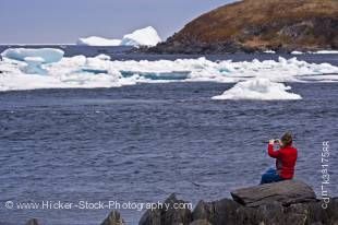 Stock photo of a woman iceberg watching from the shore in the town of Quirpon with pack ice in the harbour, Trails to the Vikings, Viking Trail, Great Northern Peninsula, Northern Peninsula, Newfoundland, Canada. Model Released.
