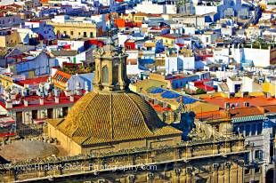 Stock photo of the details of the dome of Iglesia del Sagrario church in the grounds of the Seville Cathedral, and a view of the city from La Giralda, a UNESCO World Heritage Site, City of Sevilla, Province of Sevilla, Andalusia, Spain.