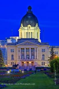 Stock photo of Legislative Building at dusk with a few lights to show its attractive details in the City of Regina, Saskatchewan, Canada.