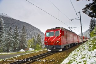 Stock photo of the Matterhorn Gotthard Bahn Train between Andermatt and Sedrun in Switzerland