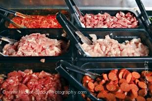 Stock photo of a meat selection offered at the Mongolie Grill World Famous Stirfry Restaurant in Whistler Village, British Columbia, Canada. 