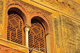 Stock photo of windows of The Wine Gate, Puerta del Vino, leading through to the Alcazaba at the Alhambra (La Alhambra) a UNESCO World Heritage Site, City of Granada, Province of Granada, Andalusia (Andalucia), Spain, Europe.