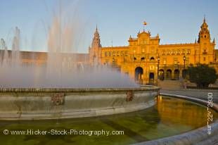 Stock photo of the Central building and fountain in Plaza de Espana, Parque Maria Luisa, during sunset in the City of Sevilla (Seville), Province of Sevilla, Andalusia (Andalucia), Spain, Europe.
