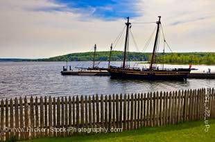 Stock photo of the HMS Tecumseth and HMS Bee (in the background) in Penetanguishene Bay at Discovery Harbour, Midland, Ontario, Canada.