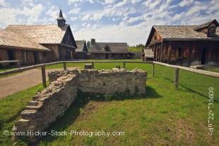 Stock photo of an old stone wall at the entrance to the Sainte-Marie among the Hurons complex in the town of Midland, Ontario, Canada.