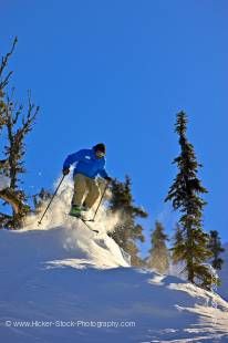 Stock photo of a skier on the upper slopes of Whistler Mountain, Whistler Blackcomb, Whistler, British Columbia, Canada. A beautiful blue sky and a few evergreen trees provide the background for this skier riding the powdery snow near the top of Whistler 