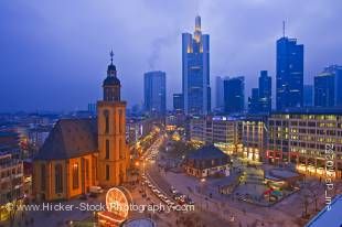 Stock photo of beautiful night view of the St. Katherine’s Church Katharinenkirche, and downtown Frankfurt, Hessen, Germany, Europe.
