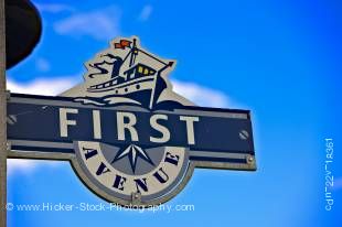 Stock photo of a decorative street sign of FIRST AVENUE in the town of Gimli on the shores of Lake Winnipeg, Manitoba, Canada.
