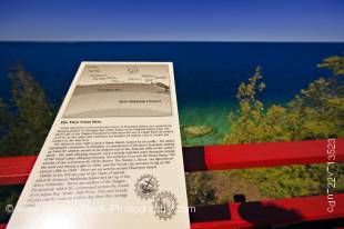 Stock photo of an interpretive sign at the Light station viewing deck on Flowerpot Island in the Fathom Five National Marine Park, Lake Huron, Ontario, Canada.