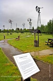 Stock photo of various styles of windmills on display at the Etzikom Museum, South East Alberta, The Canadian National Historic Windpower Centre, Etzikom, Alberta, Canada. Opened on June 15, 1995.