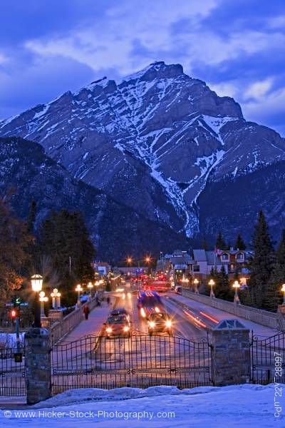 Stock photo of Banff Avenue Cascade Mountain Night Banff National Park Canadian Rocky Mountains Alberta Canada
