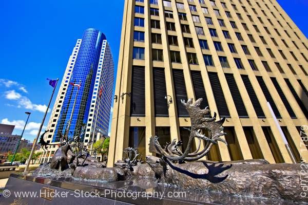 Stock photo of Bronze caribou sculpture Richardson Building City of Winnipeg Manitoba Canada