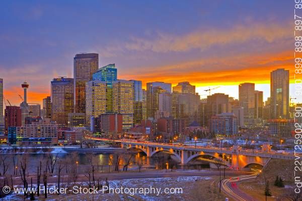 Stock photo of Calgary Skyline Calgary Tower Centre Street Bridge Bow River Sunset City of Calgary Alberta Canada
