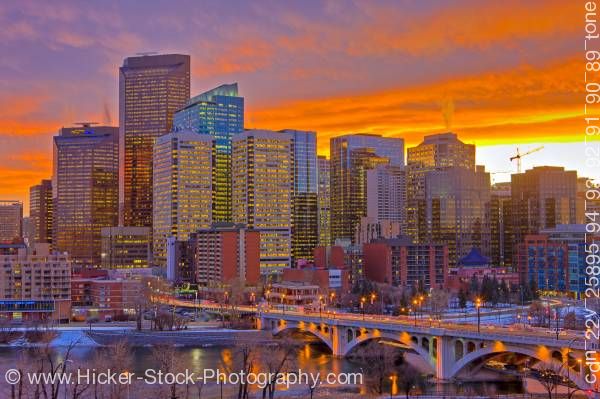 Stock photo of Calgary Skyline Calgary Tower Centre Street Bridge Bow River Sunset City of Calgary Alberta Canada