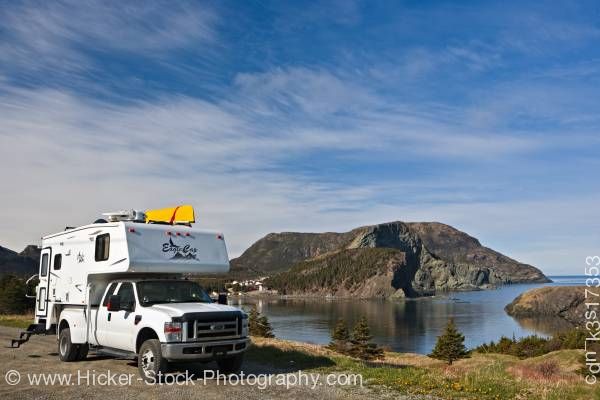 Stock photo of White camper Bottle Cove Humber Arm Lake Harbour Newfoundland Canada