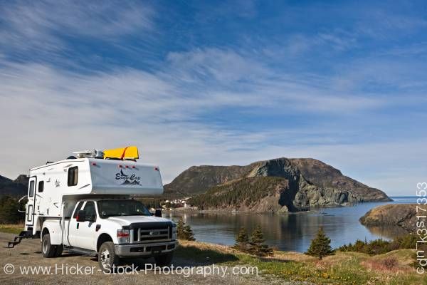 Stock photo of White camper Bottle Cove Humber Arm Lake Harbour Newfoundland Canada