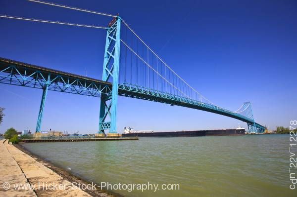 Stock photo of Large bulk carrier ship Ambassador Bridge Detroit River Windsor Ontario
