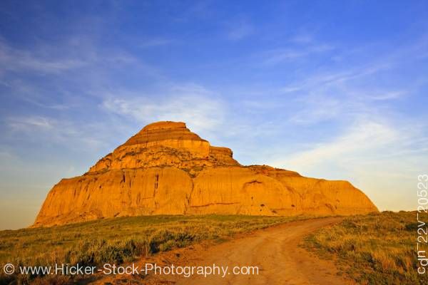 Stock photo of Castle Butte during sunset in the Big Muddy Badlands Southern Saskatchewan Canada