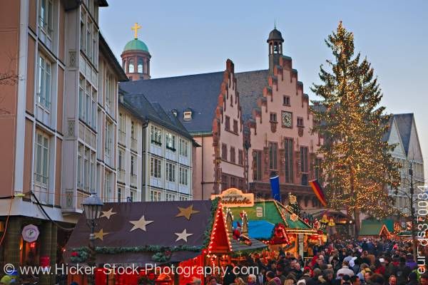 Stock photo of Christmas markets outside the Romer (Town Hall) in the Romerplatz Frankfurt Hessen Germany Europe