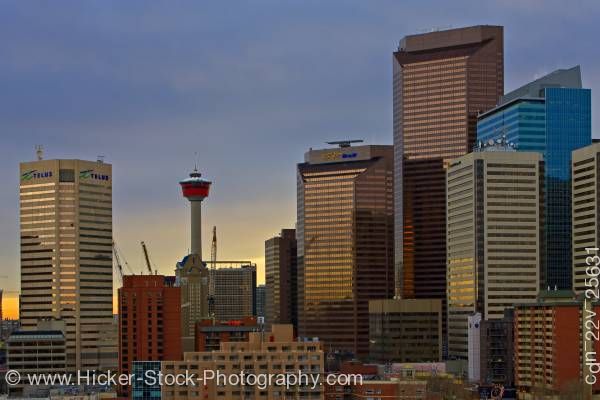 Stock photo of Calgary Tower And Commercial High Rise Buildings With Cloudy Sky City Of Calgary Alberta Canada