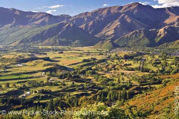 Stock photo of The end of the Crown Range Road looking towards Arrowtown Central Otago South Island New Zealand