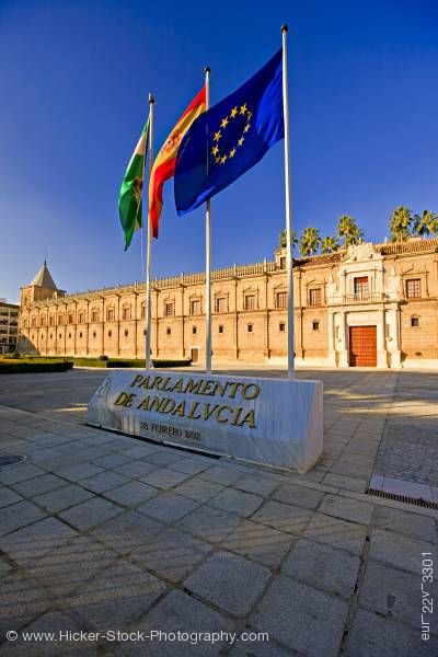 Stock photo of Flags Parlamento de Andalvcia Macarena District City of Sevilla  Province of Sevilla Andalusia Spain