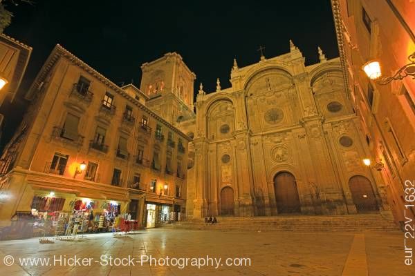 Stock photo of Cathedral facade on Plaza de las Pasiegas at night in city of Granada Province of Granada Andalusia