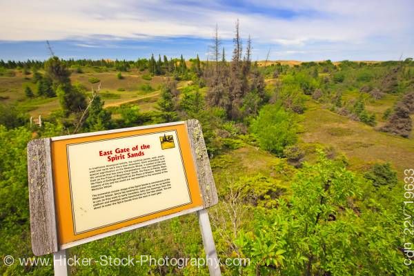 Stock photo of Interpretive sign at the East Gate of the Spirit Sands Trail Spruce Woods Provincial Park Manitoba