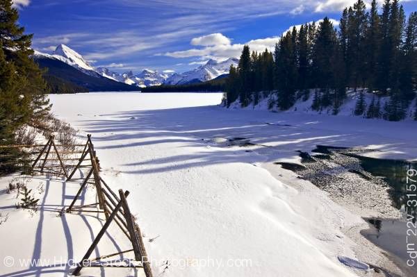 Stock photo of Maligne River Samson Peak Winter Jasper National Park Canadian Rocky Mountains Alberta Canada 