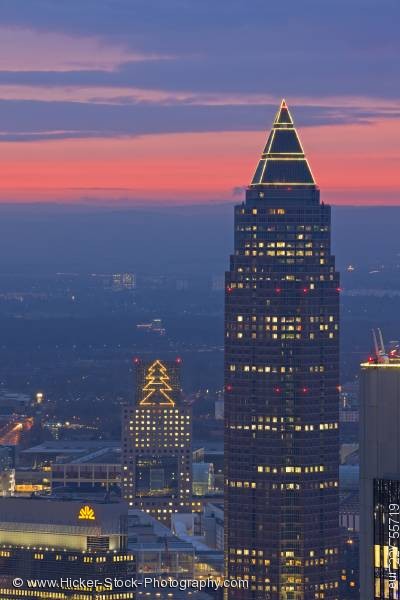 Stock photo of Sunset Messeturm Messetower skyscraper City of Frankfurt Germany