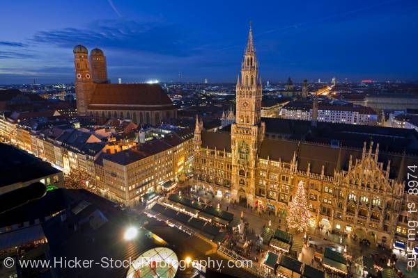 Stock photo of Aerial view of Christkindlmarkt (Christmas Markets) in Marienplatz outside Neues Rathaus in Munich