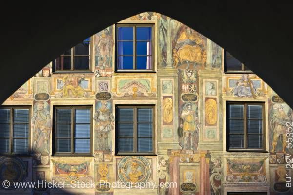 Stock photo of Murals painted on facade of building in Old Town district in City of Landshut Bavaria Germany