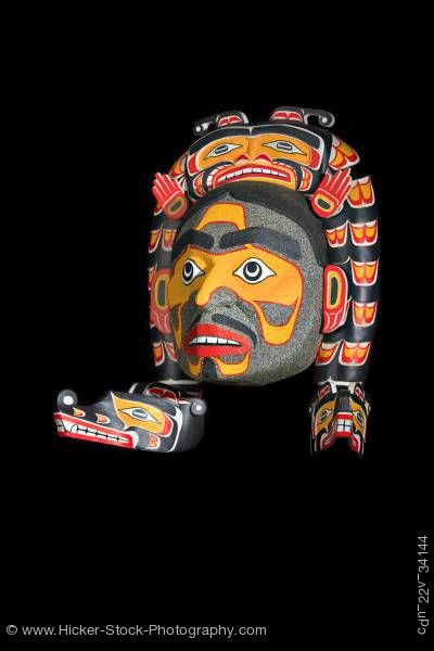 Stock photo of Sisutil and Warrior Mask Namgis First Nations Art Northern Vancouver Island British Columbia Canada