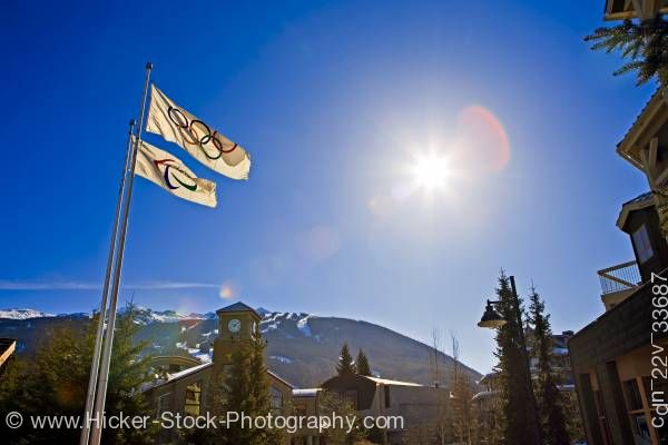 Stock photo of Olympic Flags 2010 Olympic Office Whistler Village Blackcomb Mountain British Columbia Canada