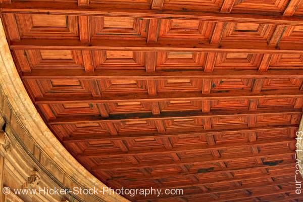 Stock photo of Wood ceiling of circular courtyard and double gallery of Palace of Charles V La Alhambra Granada