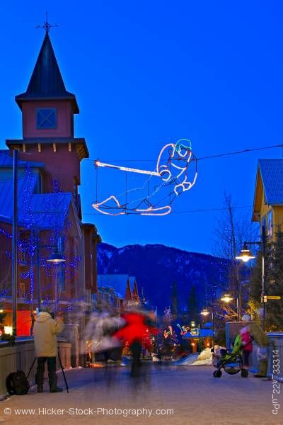Stock photo of Decorative Lighting Pedestrian Activity Village Stroll Dusk Whistler Village British Columbia Canada
