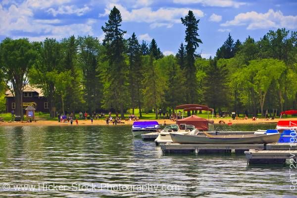 Stock photo of People Clear Lake in Wasagaming Riding Mountain National Park Manitoba Canada