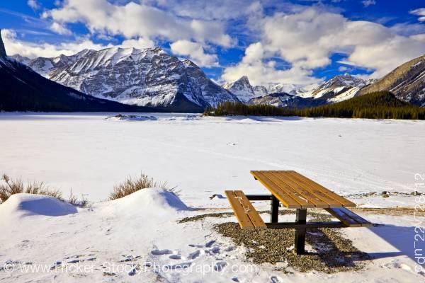 Stock photo of Picnic Table Winter Upper Kananaskis Lake Peter Lougheed Provincial Park Alberta Canada