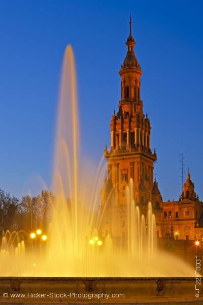 Stock photo of Tower and fountain at Plaza de Espana Parque Maria Luisa City of Sevilla Province of Sevilla