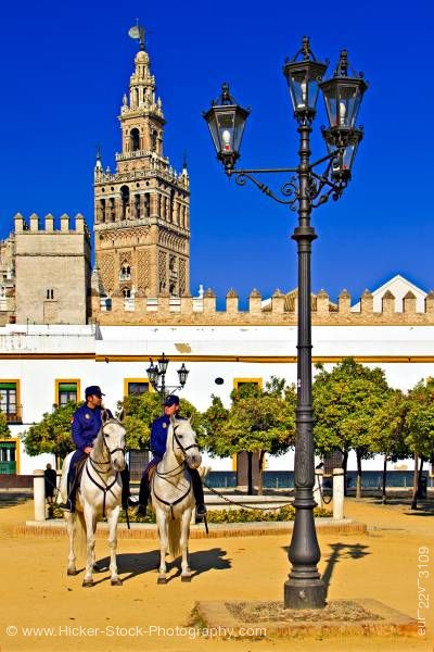 Stock photo of Policemen La Giralda Santa Cruz district in the City of Sevilla Province of Sevilla Andalusia Spain