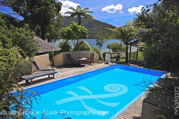 Stock photo of Swimming pool at Punga Cove Resort Endeavour Inlet Queen Charlotte Sound Marlborough South Island