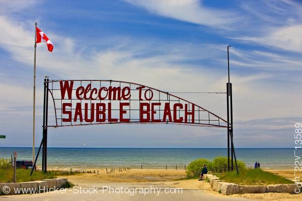Stock photo of Sauble Beach welcome sign on the shores of Lake Huron Ontario Canada