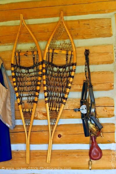 Stock photo of Snowshoes trap warehouse barn Last Mountain House Provincial Park Saskatchewan Canada