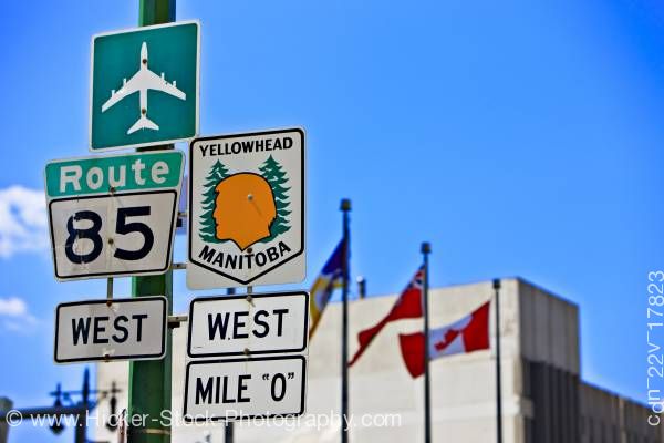 Stock photo of Street signs Route 85 West Yellowhead Highway Winnipeg Manitoba Canada