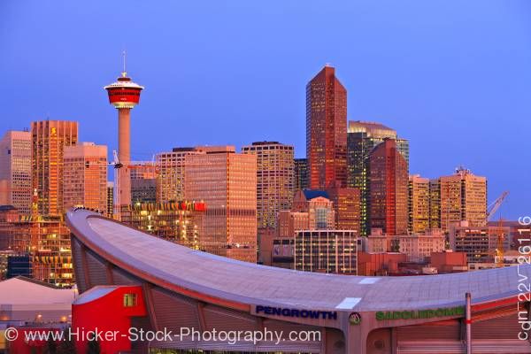Stock photo of Saddledome High Rise Buildings Calgary Tower Sunrise City of Calgary Alberta Canada