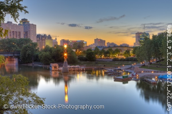 Stock photo of Assiniboine River Marina and Market Tower The Forks National Historic Site City of Winnipeg Manitoba