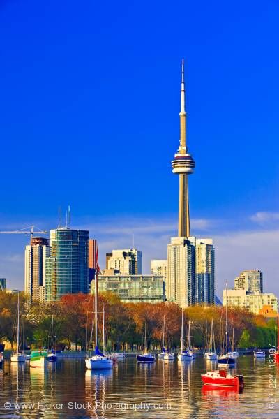 Stock photo of City of Toronto Skyline and Blue Sky as seen from Ontario Place Toronto Lake Ontario Canada