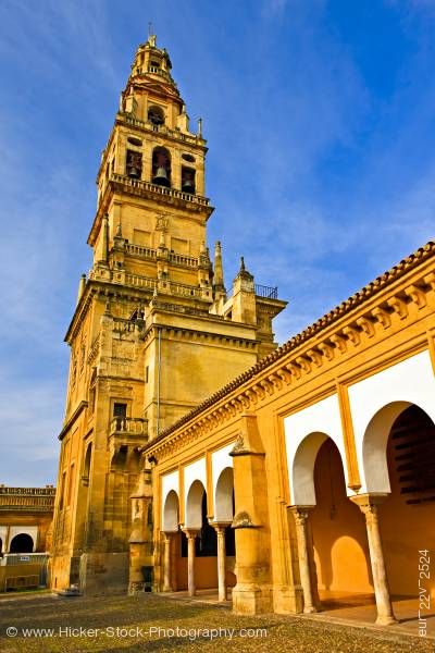 Stock photo of Torre del Alminar bell tower of Mezquita from Patio de los Naranjos City of Cordoba